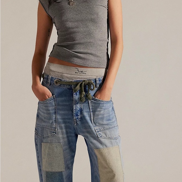 Free People We the Free Moxie Truest Blue Barrel Olive Green Drawstring Jeans - Picture 1 of 7
